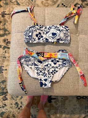 Blue and White Tile Print Bikini with Colorful Tie Straps